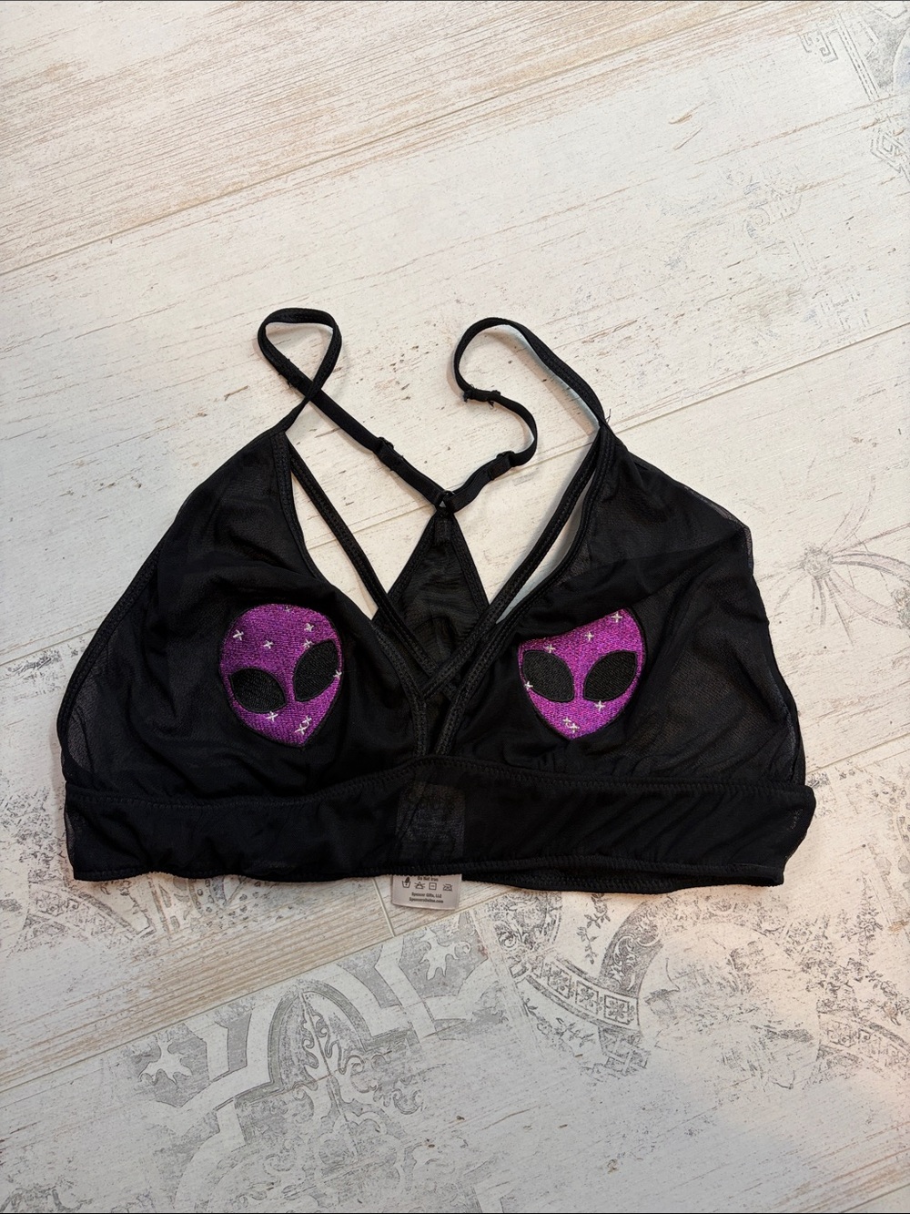 Spencer’s Black Mesh Alien Patch Bralette Size Large XL